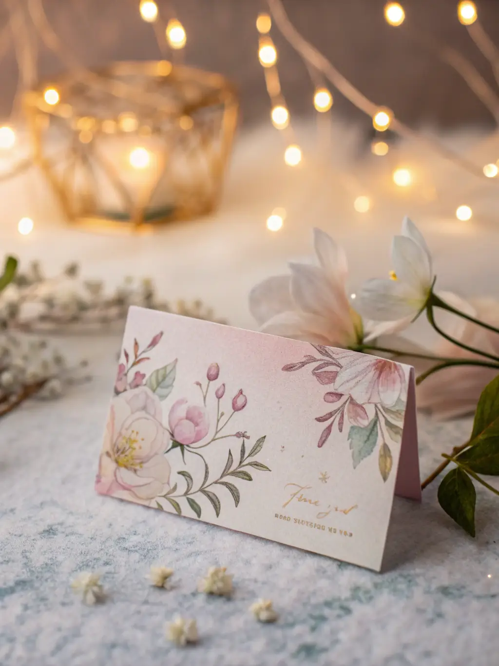 An elegant business card design with floral accents and a delicate color palette.