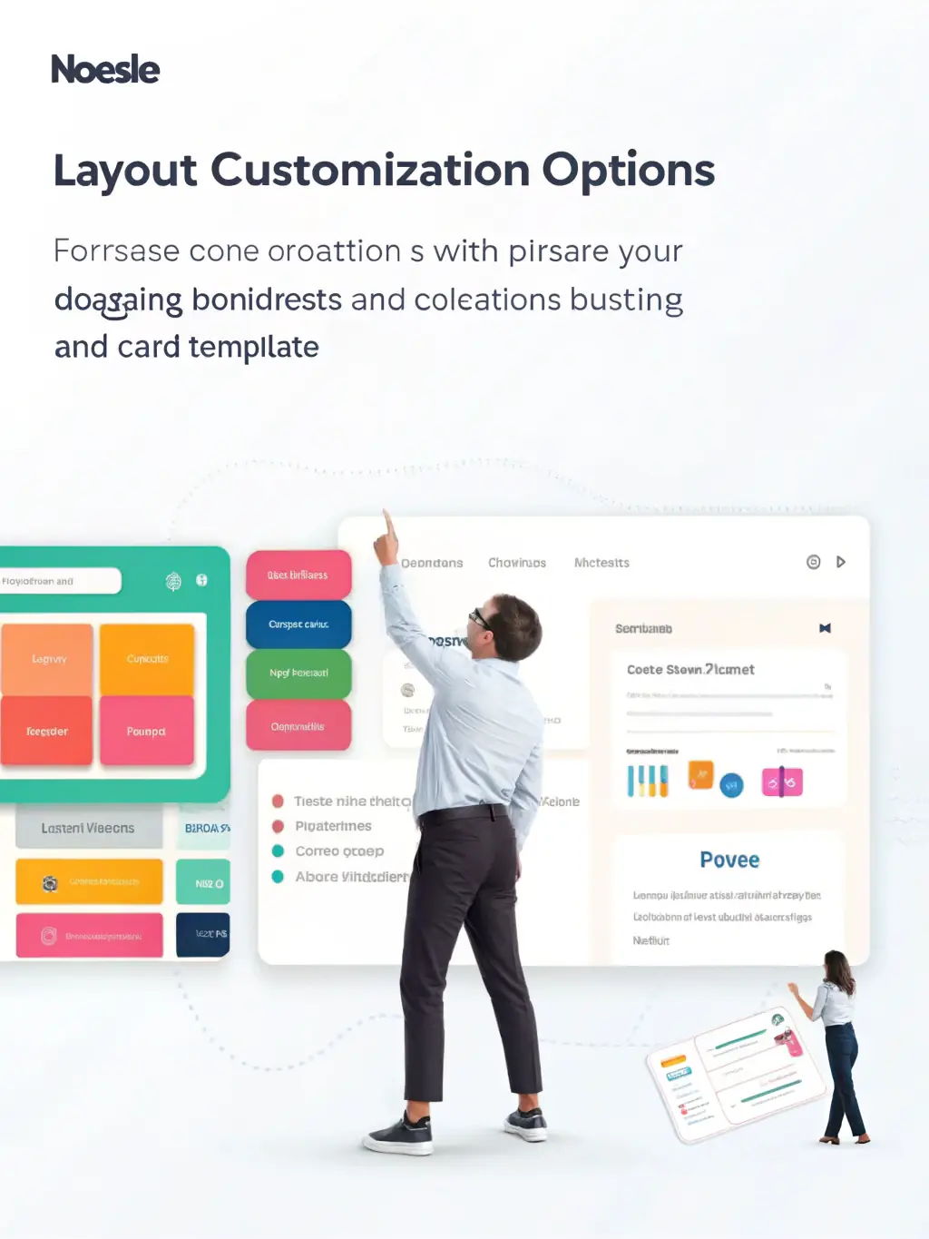 An image showcasing the layout customization options on Noesle.com, with drag-and-drop functionality being used to rearrange elements on a business card template.
