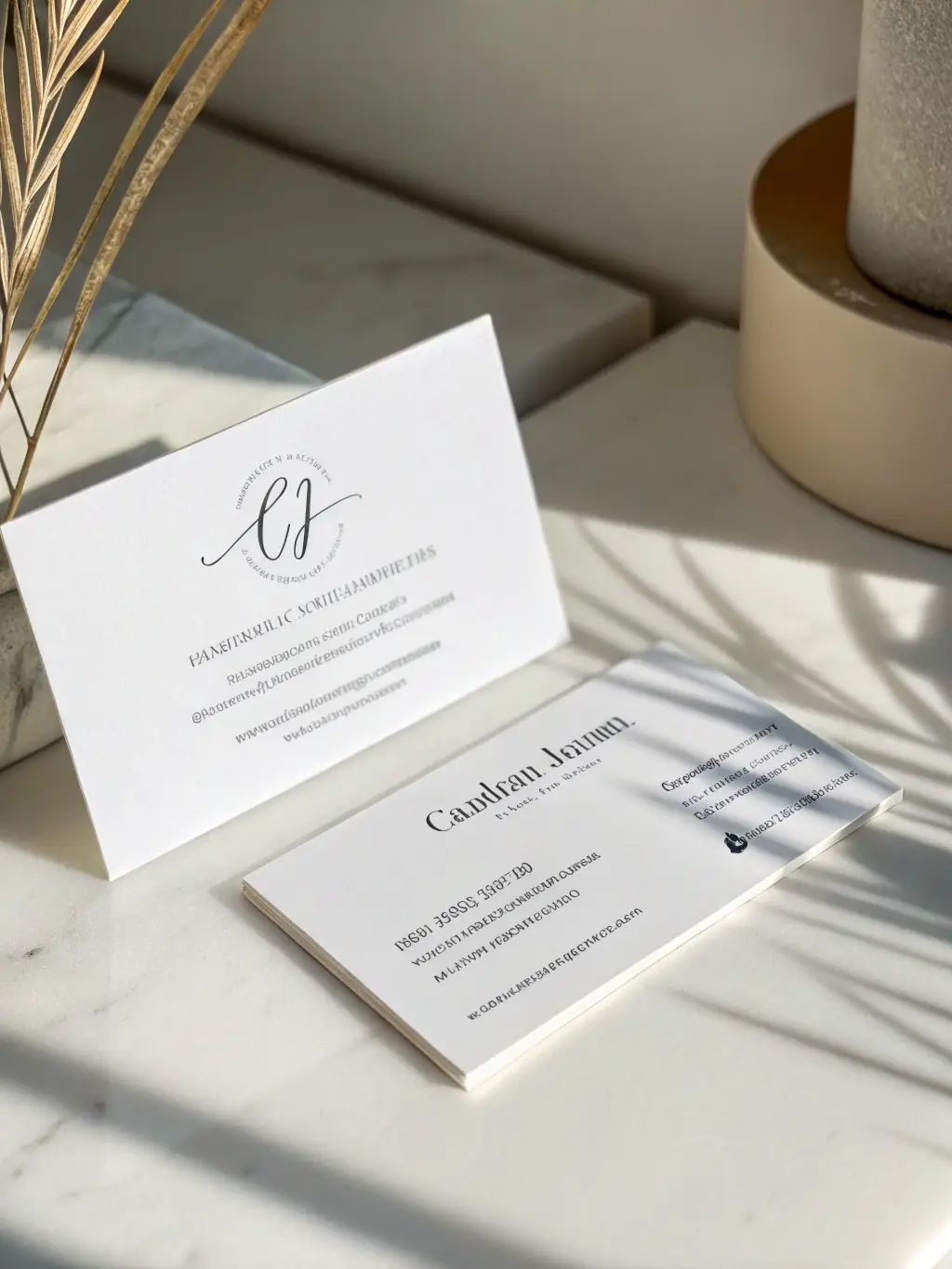 A close-up shot of a minimalist business card with a clean design, featuring a simple logo and contact information.